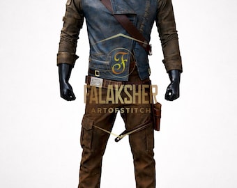 May include: A complete costume set displayed on a mannequin. The outfit includes a blue denim vest, brown long-sleeved shirt, brown cargo pants, and black boots. A brown leather belt and shoulder strap are also included. The text "FALAKSHER ART OF STITCH" is visible.