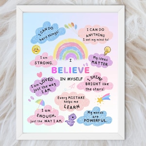 Kids Affirmation Poster - Positive Daily Affirmations Wall Art for Kids Room, Playroom - Motivational & Whimsical Printable Decor