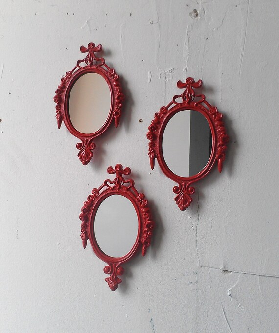 Red Oval Mirror Set Retro Kitchen Farmhouse Decor Boho Wall Hanging Bathroom Small Decorative Mirrors Cubicle Accessories