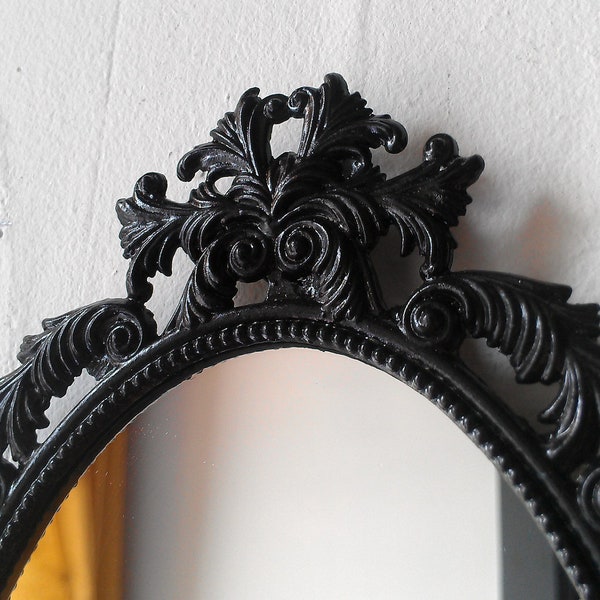 Black Oval Mirror in Vintage Brass Feather Frame, Gothic Victorian Wall Decor Mirror, Wall Collage, Apartment Decor
