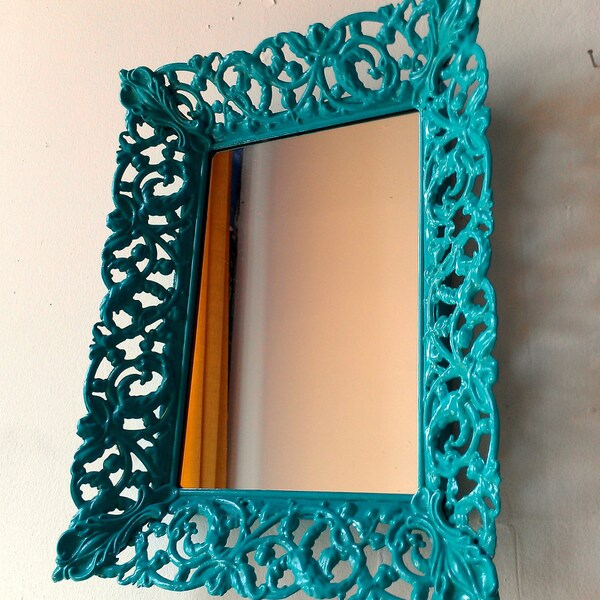 Decorative Wall Mirror in Bright Turquoise Vintage Filigree Frame