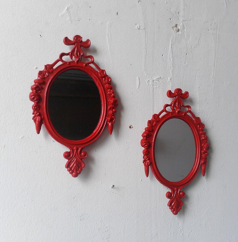 Mirror Set In Vintage Oval Frames Red Home Decor Small Wall Mirrors Gift Ideas Bathroom Art Made Italy Mid Century Modern
