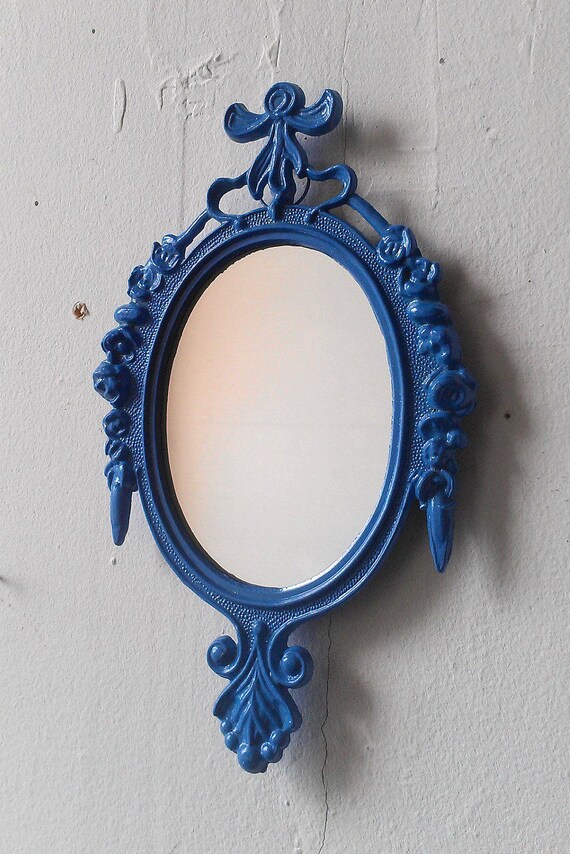 Oval Mirror In Small Vintage Periwinkle Blue Frame Cubicle Decor Bridesmaid Gifts Wall Collage