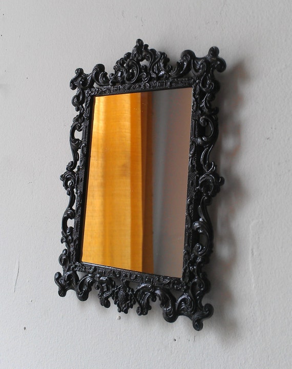 Items similar to Black Wall Mirror in Small Ornate Vintage Brass Frame