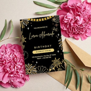 Schwarz und Gold Illustrative Geburtstagseinladung, Schwarz und Gold Party, Gold Glitter Evite, digitale Einladung, bearbeitbare Vorlage, Canva Edit