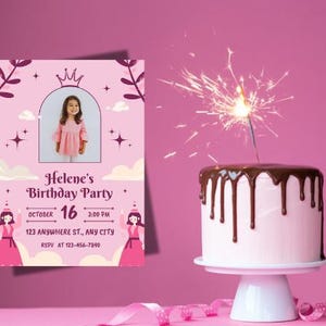 Rosa niedliche illustrative Prinzessin Geburtstagsfeier-Einladung, Geburtstag einladen, rosa Geburtstag einladen, niedliches rosa Geburtstags-Thema, bearbeitbares Digital