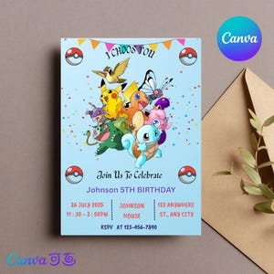 Modèle d'invitation d'anniversaire Pokémon modifiable - Invitation de fête personnalisable pour les enfants - Téléchargement instantané pour Canva - Design amusant et ludique