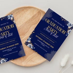 Blue Gold Elegant Graduation Invitation, Formal Modern, Grad Party Event, Instant Download, Class of 2025, Editable Digital Graduation Invit