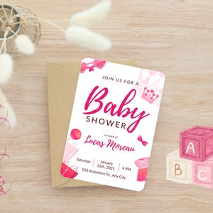 Rosa Und Weiß Illustrierende wunderliche kindliche Baby Shower Einladung, Rosa Baby Shower Einladen, rosa weiße Baby Karte, druckbare Baby Shower
