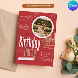 Red Modern Birthday Party Invitation, Red modern Invite, Printable Digital Editable,Birthday Party Invite,Editable Template,Instant Download