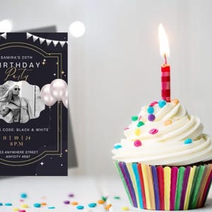 Black Illustrated Balloons Birthday Party Invitation, Black and Gold Party, Gold Glitter Evite, Digital Invitation, Editable Template, black