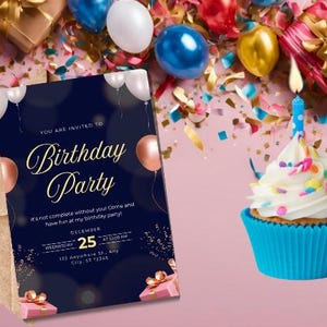 Blau und Gold Illustrative Geburtstagsfeiereinladung, bearbeitbare blaue Geburtstagseinladung, lassen Sie uns Partyballons einladen, sofortiger Download,