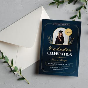 Blue & Gold Floral Graduation Invitation: Editable Template (Digital Download)
