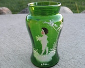 Superior Vintage Mary Gregory Painted Child, Tinted, Emerald Green Glass Vase