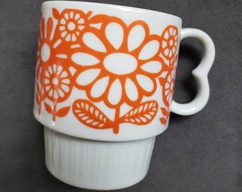 Vintage Floral Mug, Made in Japan, Groovy Orange Floral on White