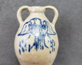 Miniature Salt-Glaze Pottery Ovoid Double Handled Jug with Cobalt Blue American Eagle
