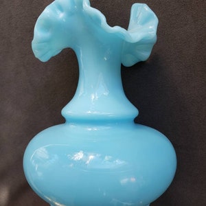 Vintage Fenton Blue Custard Milkglass Vase with Ruffled Rim