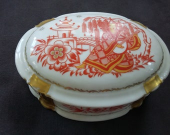 Vintage Zeh Scherzer Bavaria Porcelain Covered Trinket Box, Powder Jar, Ring Box, Germany,