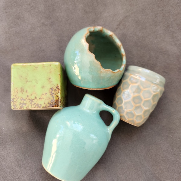 Grouping of Small Pottery Items, Jug, Planters, Teal / Aqua / Green Shades