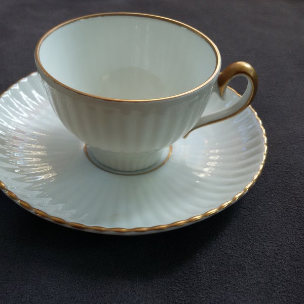 Vintage Karlskrona Sweden Porcelain Demitasse Cup and Saucer,  Scalloped White with Gold Trim