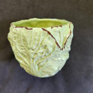 May include: A light green ceramic bowl shaped like a head of cabbage. The exterior features a textured, leaf-like surface with raised veins and ruffled edges. The top rim of the bowl has a distressed brown finish along the edges of the leaves.