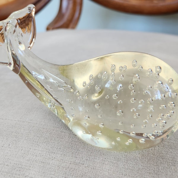 Vintage Glass Whale Paperweight Clear Controlled Bubbles Art Glass