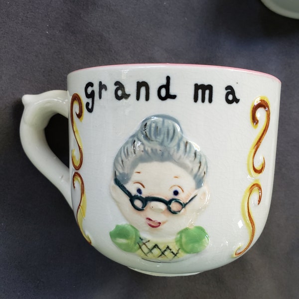 Vintage Ceramic Hand-painted Coffee Cup by Sonsco Japan, Grandma Mug