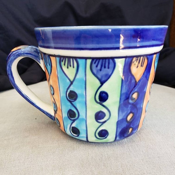 Colorful Vintage Mug, Pier One, Hand Painted, Cobalt Design, India