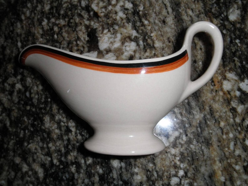 Vintage Shenango Tan Gravy Boat with Black Brown Decoration
