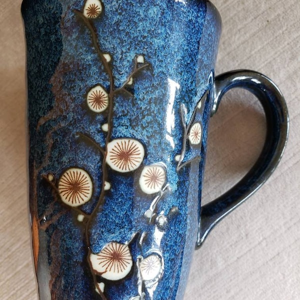 Vintage World Market Asian-Inspired Blue Mug, Cherry Blossom