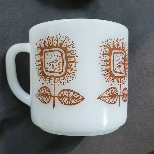 Vintage Federal Milk Glass Coffee Mug Cup Golden Sunflower Connoisseur, D Handle