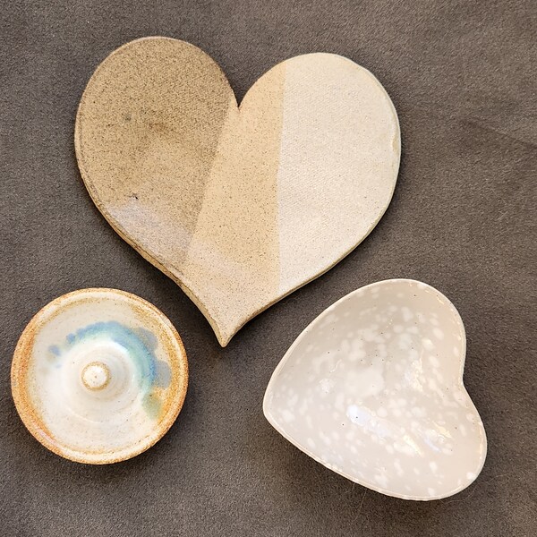 Trio of Small Pottery Handcrafted Items, Hearts, Ring Dish