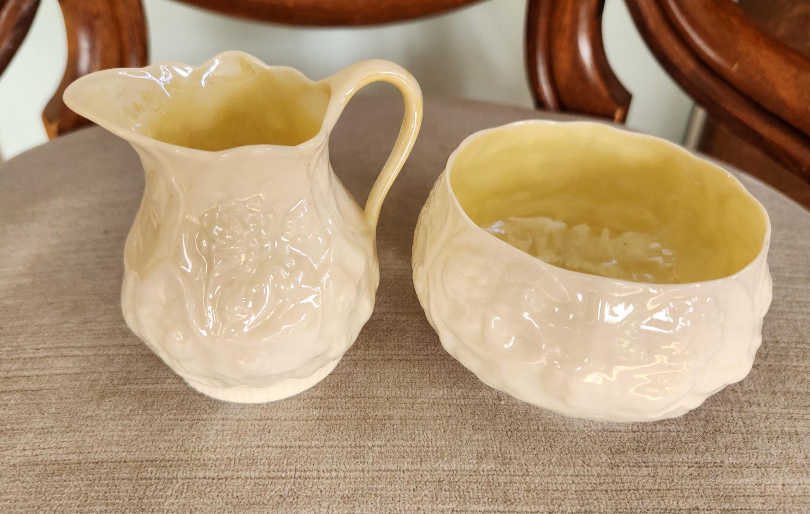 Delicate Vintage Belleek Creamer and Open Sugar Bowl, Lotus