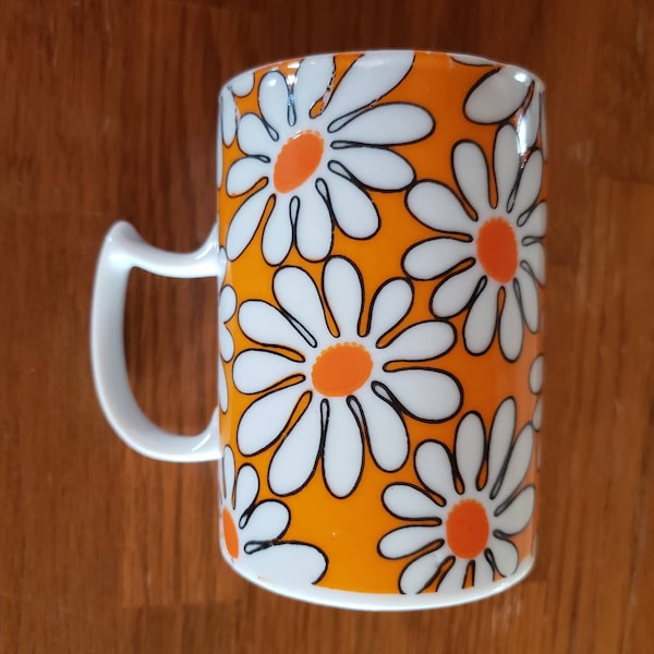 Vintage Stoneware Mug with Flowers / Daisy Motif, Electric Orange, Mid Century Cup