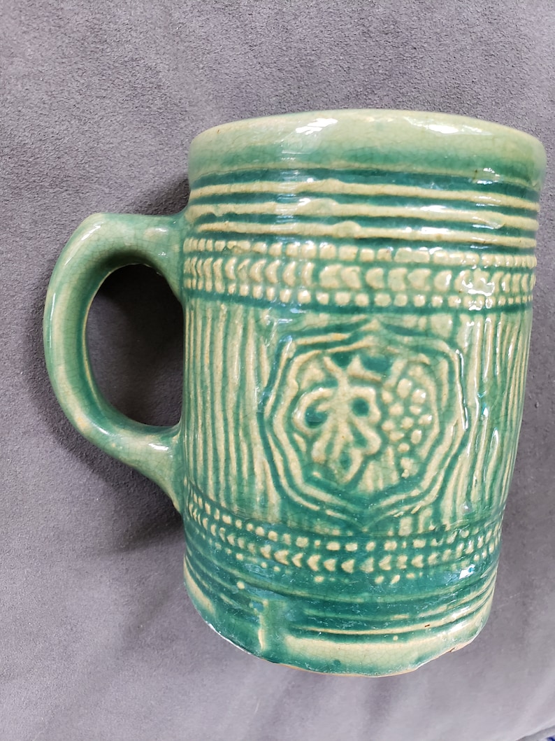 Antique Majolica Green Stoneware / Pottery Mug Grape and Leaf Etsy