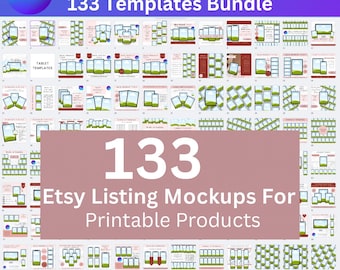 May include: A digital mockup bundle for Etsy listings, featuring 133 templates. The image displays various mockups for tablets, phones, and computers, with a pink banner that reads "133 Etsy Listing Mockups For Printable Products". The Canva logo is in the top left corner.