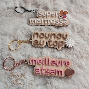 Porte-clés personnalisés en bois et acrylique – Cadeau de fin d’année scolaire - Maitresse, ATSEM, Nounou