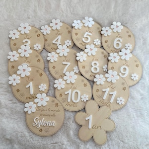 Cartes étapes bébé bois et acrylique – Fleurs – Personnalisées – Cadeau naissance – Photos mensuelles bébé