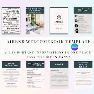 Könnte beinhalten: Eine Airbnb-Willkommensbuchvorlage mit verschiedenen Informationstafeln. Die Tafeln umfassen "Welcome" in mehreren Sprachen, "Your Home Away From Home", "Smoke", "Welcome!", "Local Attractions", "About Your Stay Details", "About" und "House Rules". Das Canva-Logo ist ebenfalls sichtbar.
