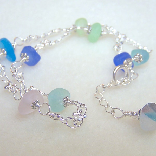 Sea Glass Anklet for Women with Pastel Beach Glass - Adjustable Silver Ankle Bracelet with Sterling Chain - Made in Canada