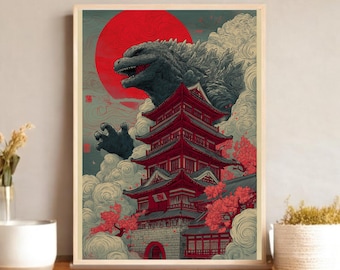 Mural japonés de la Pagoda de Godzilla, arte de películas de monstruos, decoración única para el hogar, regalo de pared original, diseño de cultura pop, amante del arte
