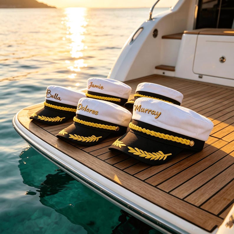 May include: Four white and black captain hats with gold braided trim and embroidered laurel leaves on the brim. Each hat features a unique name embroidered in gold script: Bella, Jamie, Dolores, and Murray, displayed on the white crown.