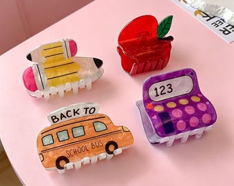 Pinza para el pelo con forma de lápiz para el regreso a clases, hecha a mano, bonito accesorio para el pelo de acrílico para escribir, diseño pastel y retro, divertido para el día a día.