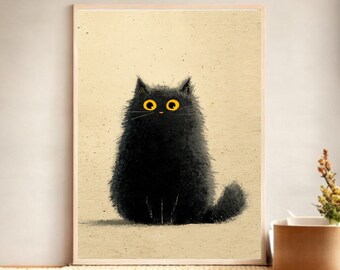 Fluffy Black Cat Mural, Cute Kitty Art, Whimsical Feline Illustration, Unique Home Decor, Pet Lover Gift