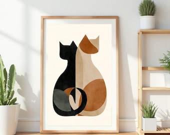 Abstract Cats Mural, Geometric Art, Modern Home Decor, Unique Cat Lover Gift, Minimal Design Print - "Yin Yang Cats", Gift for Cat Couple