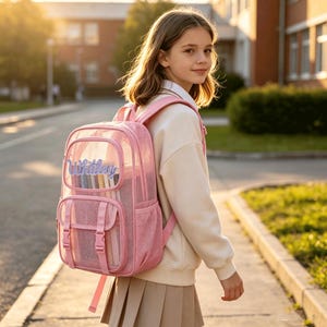 May include: A pink mesh backpack featuring a front zippered pocket with two vertical straps and buckles. The backpack has a clear front panel displaying the name Whitley in cursive script, adjustable shoulder straps, and side mesh pockets.