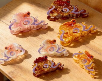 Pinza para el cabello con forma de pulpo, pinza para el cabello con forma de animal marino, pinza de acetato blanca y marrón, accesorios divertidos para el cabello, pinza gigante con forma de pulpo, Día de la Madre