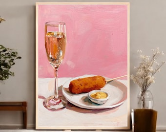 Mural de champán y perritos calientes, arte culinario con contrastes, ilustración culinaria original, decoración de cocina única, decoración divertida para el hogar