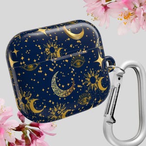 Étui pour AirPods célestes, lune dorée et étoiles sur bleu Étui pour AirPods d&#39;astrologie bleue, étui pour AirPods Pro cosmiques, accessoire nuit étoilée