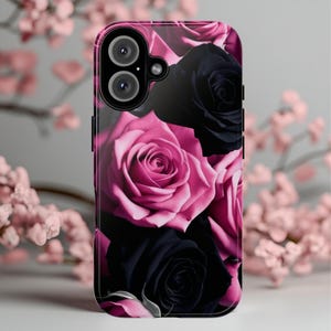 黒とピンクのバラの携帯ケース 花柄の美しいiPhone Samsungケース ゴシックフラワー携帯カバー 可愛いバラ柄ケース 彼女へのギフト